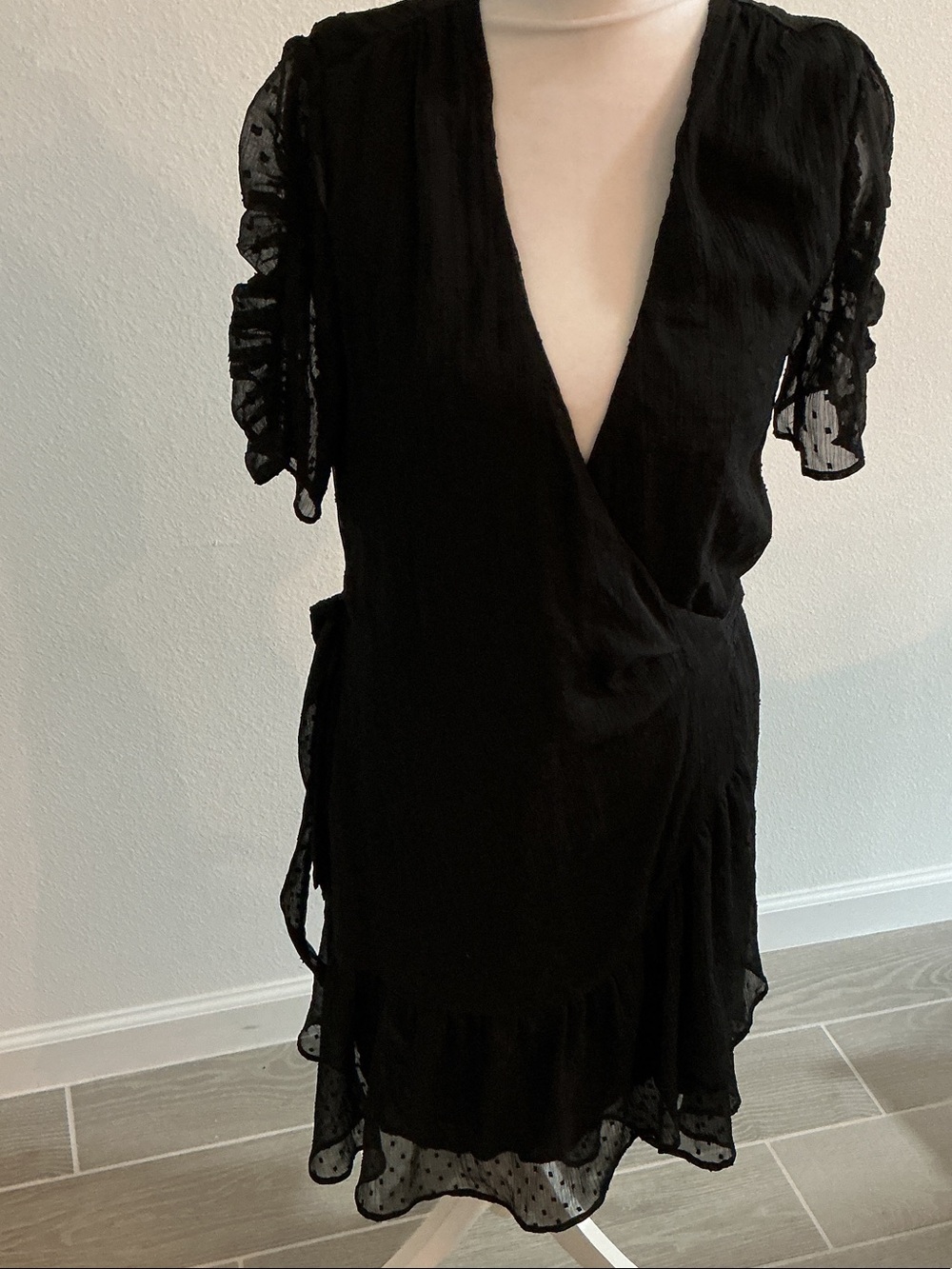 AllSaints Sienna Black Wrap Midi Dress with Sheer Dot Sleeves Women’s Sz. 4